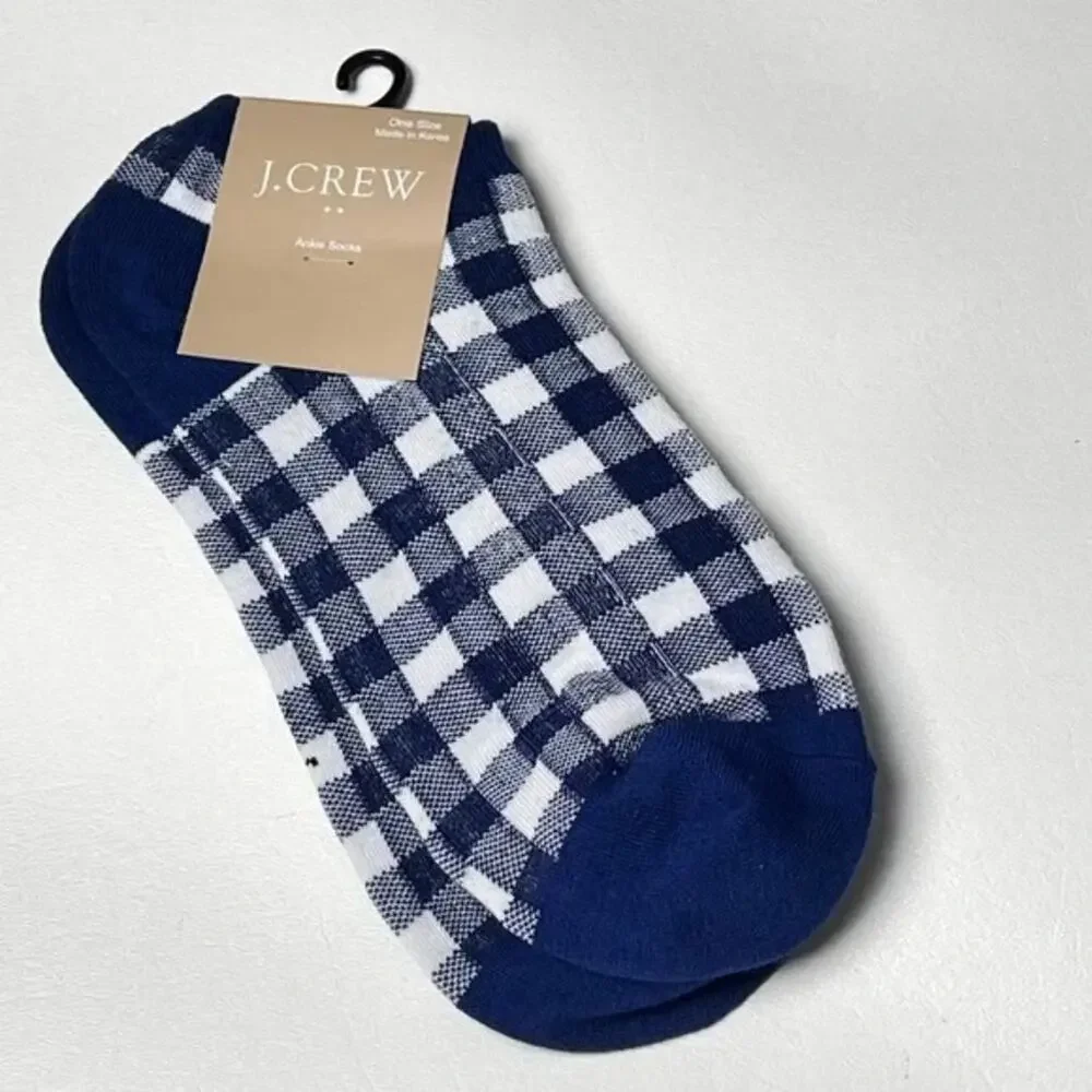 J.Crew Women's Ankle Gingham Blue and White Plaid Print Socks OS NWT